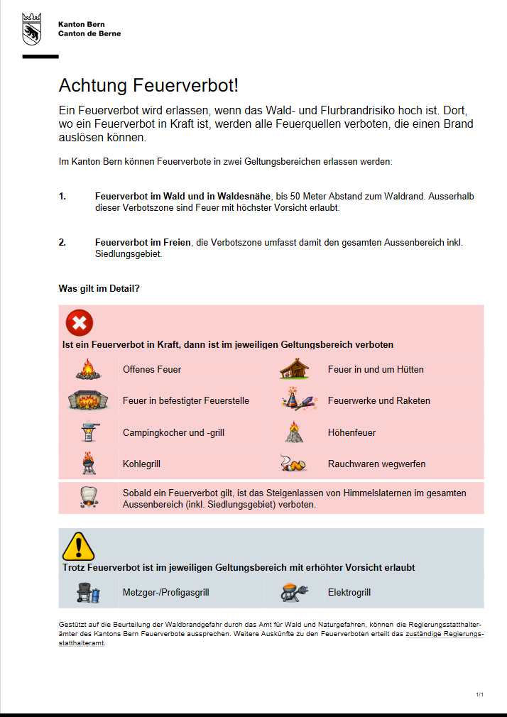 Feuerverbot im ganzen Kanton Bern